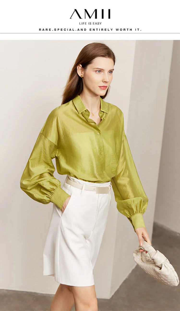 AMII Minimalist Blouse for Women 2023 Autumn Lantern Sleeve V-Neck Slightly Transparent Elegant Commuter Clothing Tops 72341030