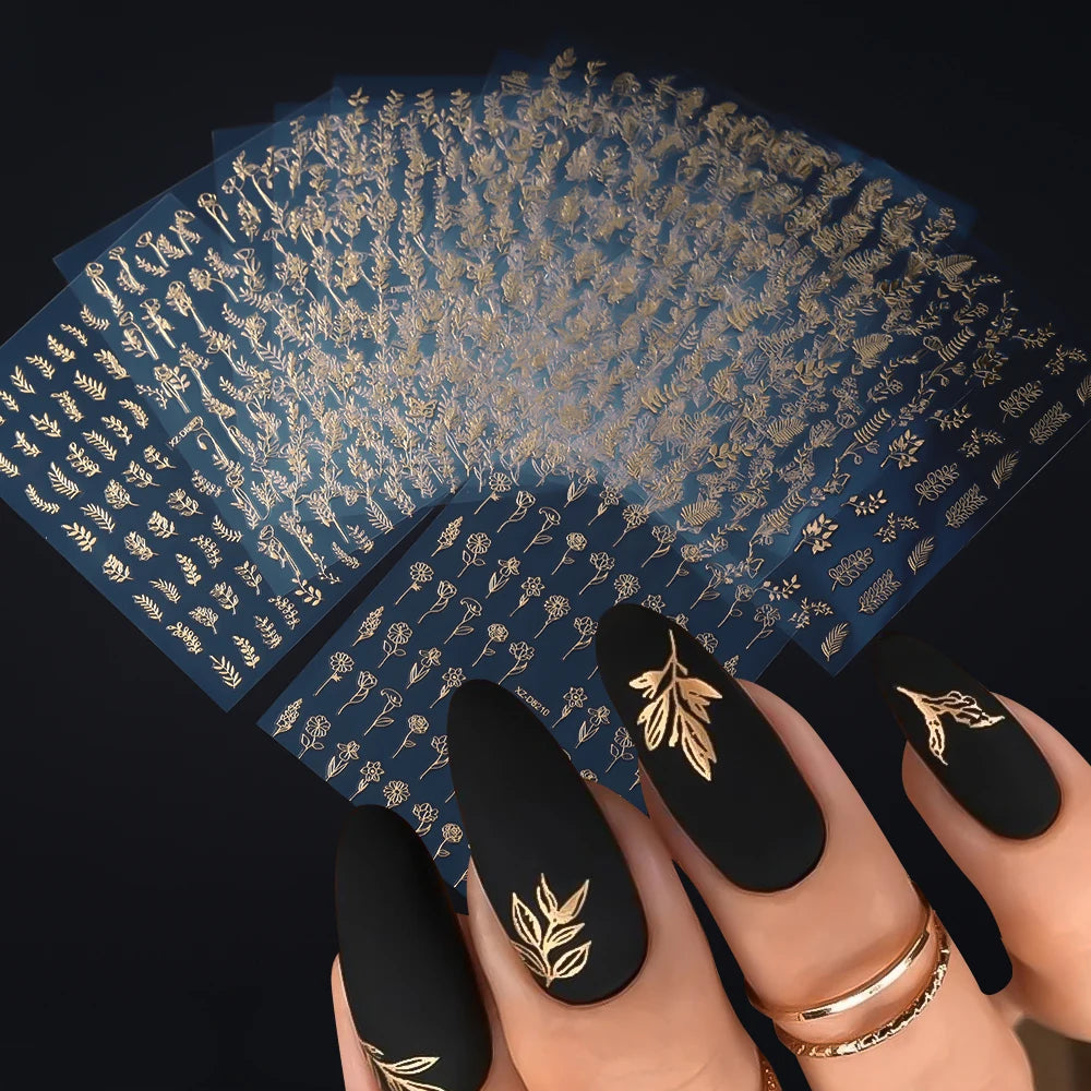 12Pcs 3D Gold Exquisite Flower Leaf Nail Art Stickers Metallic Floral Leaves Self-Adhesive Nail Decals DIY Retro Manicure Decor