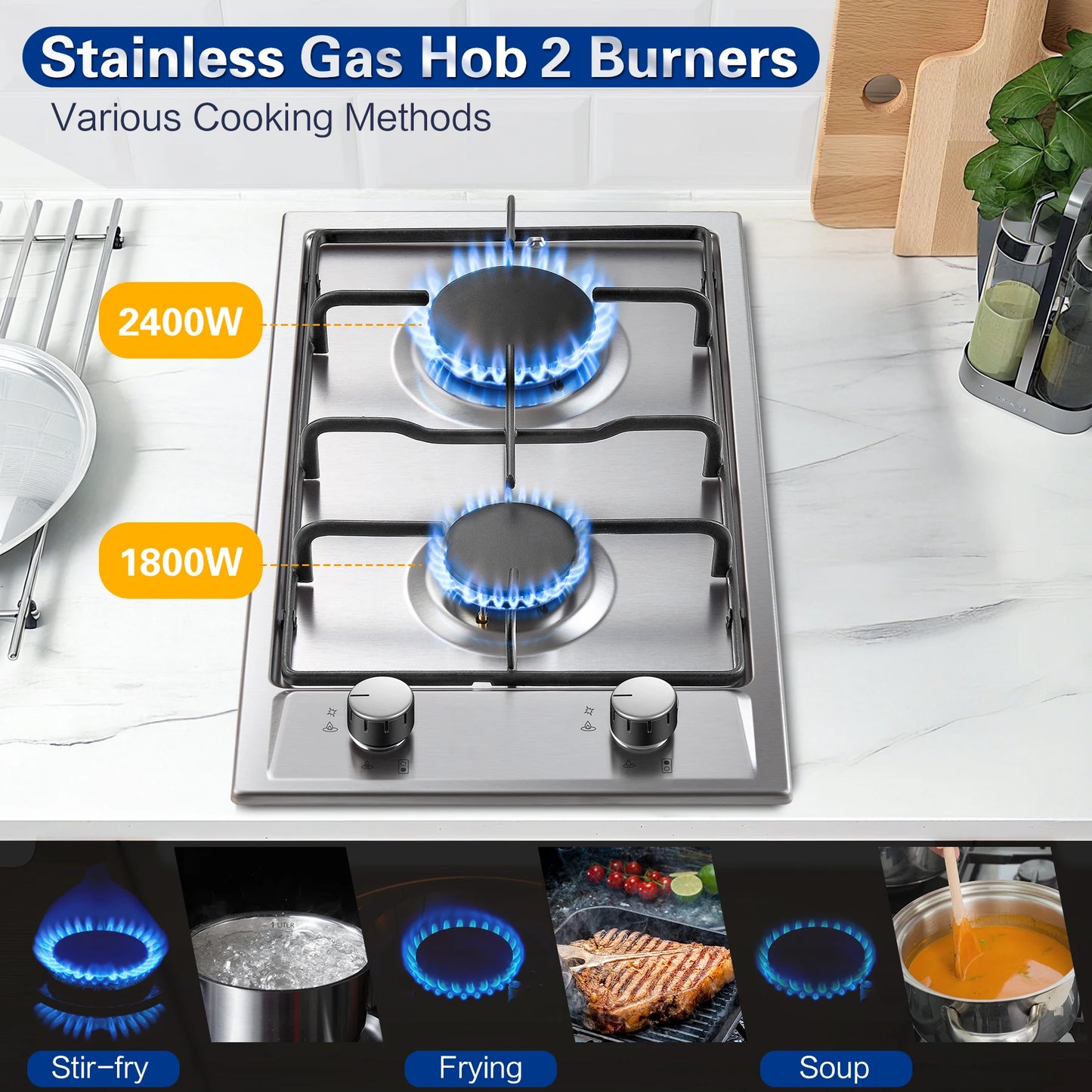 TopStrong 2/4/5 Burner 4200W Stainless Steel Auto Flame Protection Built-in for Natural Gas/Propane, Easy Clean, 30cm‌ Gas Hob