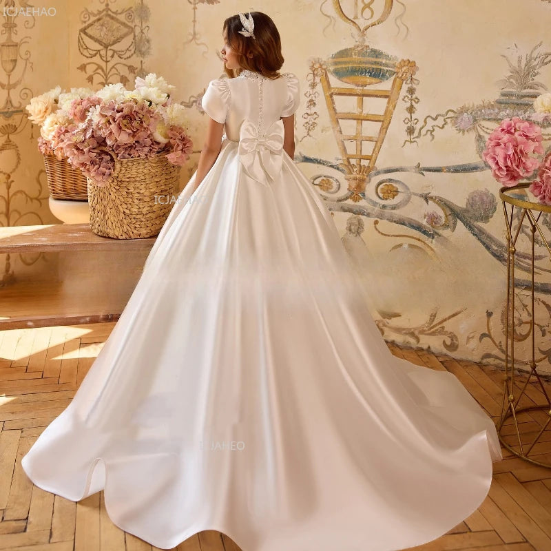 White Wedding Dress for Girls New Satin Princess Party Gown Clothes Children Birthday Host Piano Performance Pageant Costume