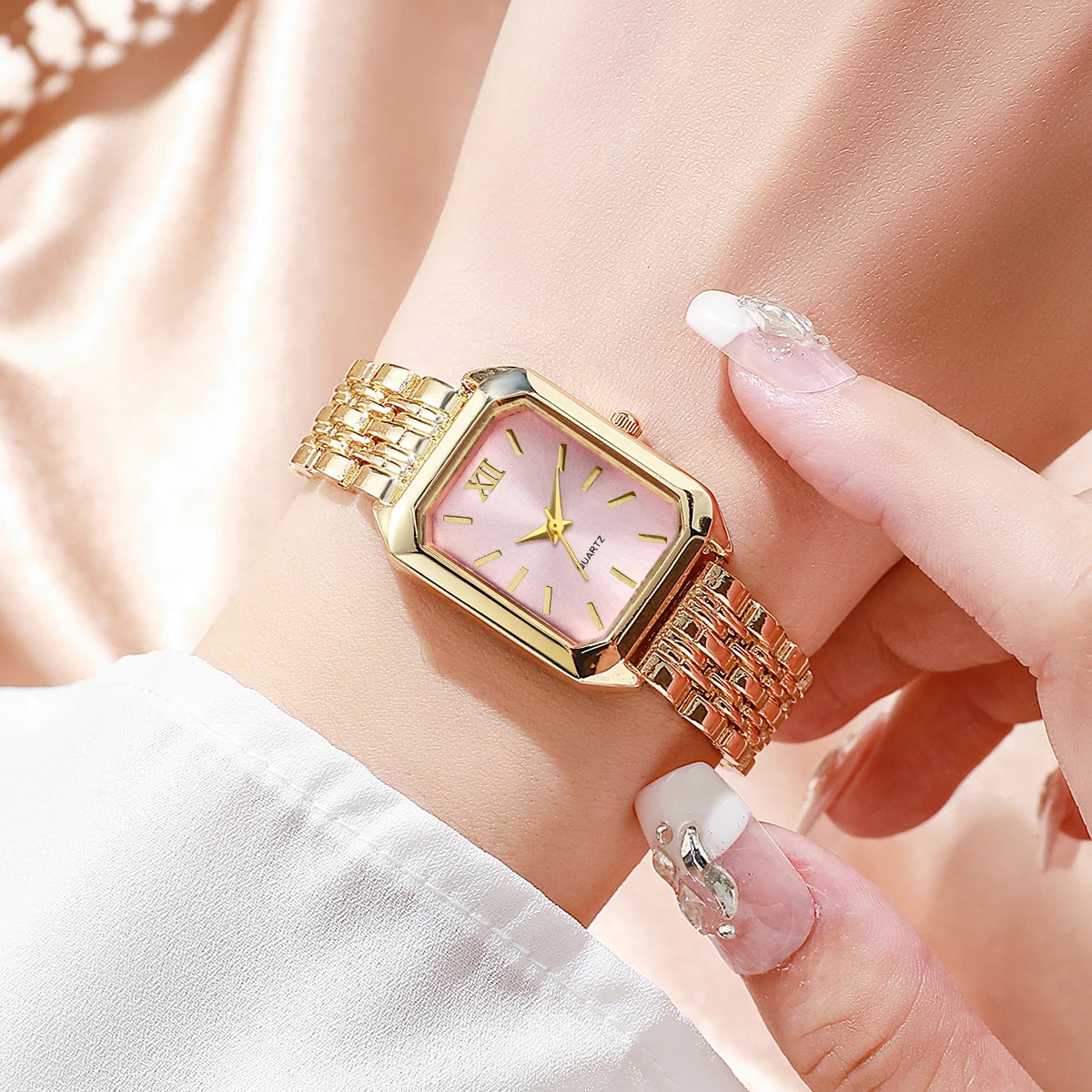 6PCS Elegant Rectangle Women Quartz Watch Rhinestone Jewelry Set Ladies Wristwatches Reloj Mujer（Without Box）