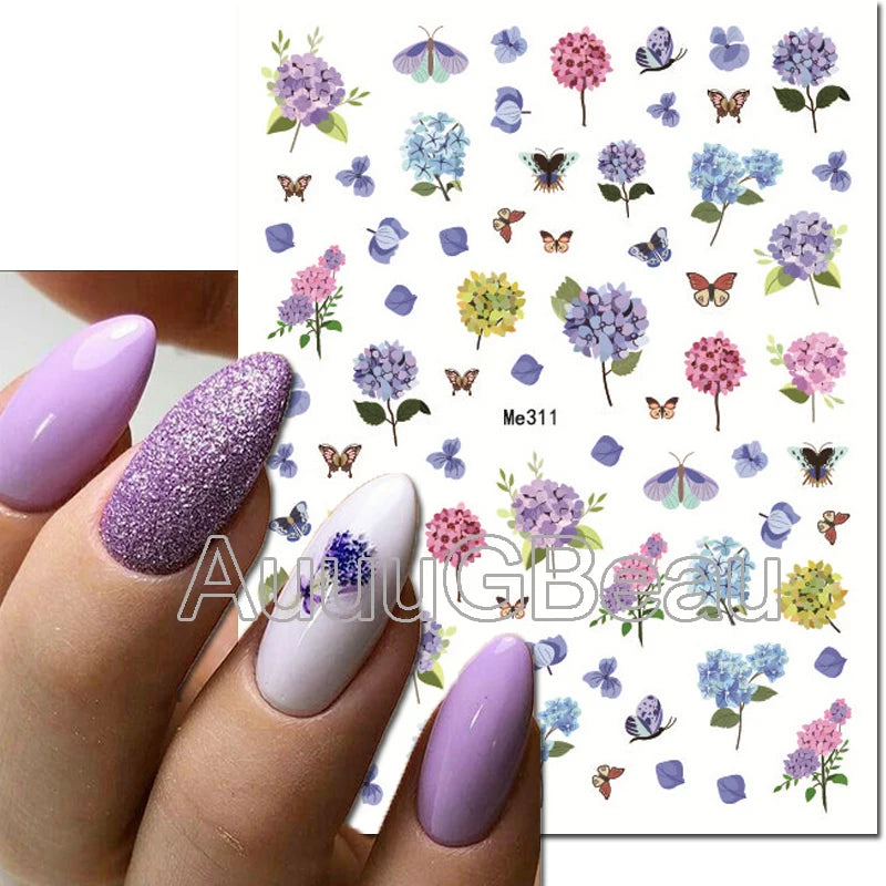 3d Nails Art Decals Spring Fruits Pink Full Tips Peony Magnolia Flowers Adhesive Sliders Stickers Decoration For Nails Manicure