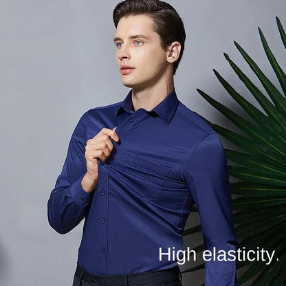 55-105KG Men's long sleeved elastic shirt, non ironing business dress, professional work attire, stand up collar shirt