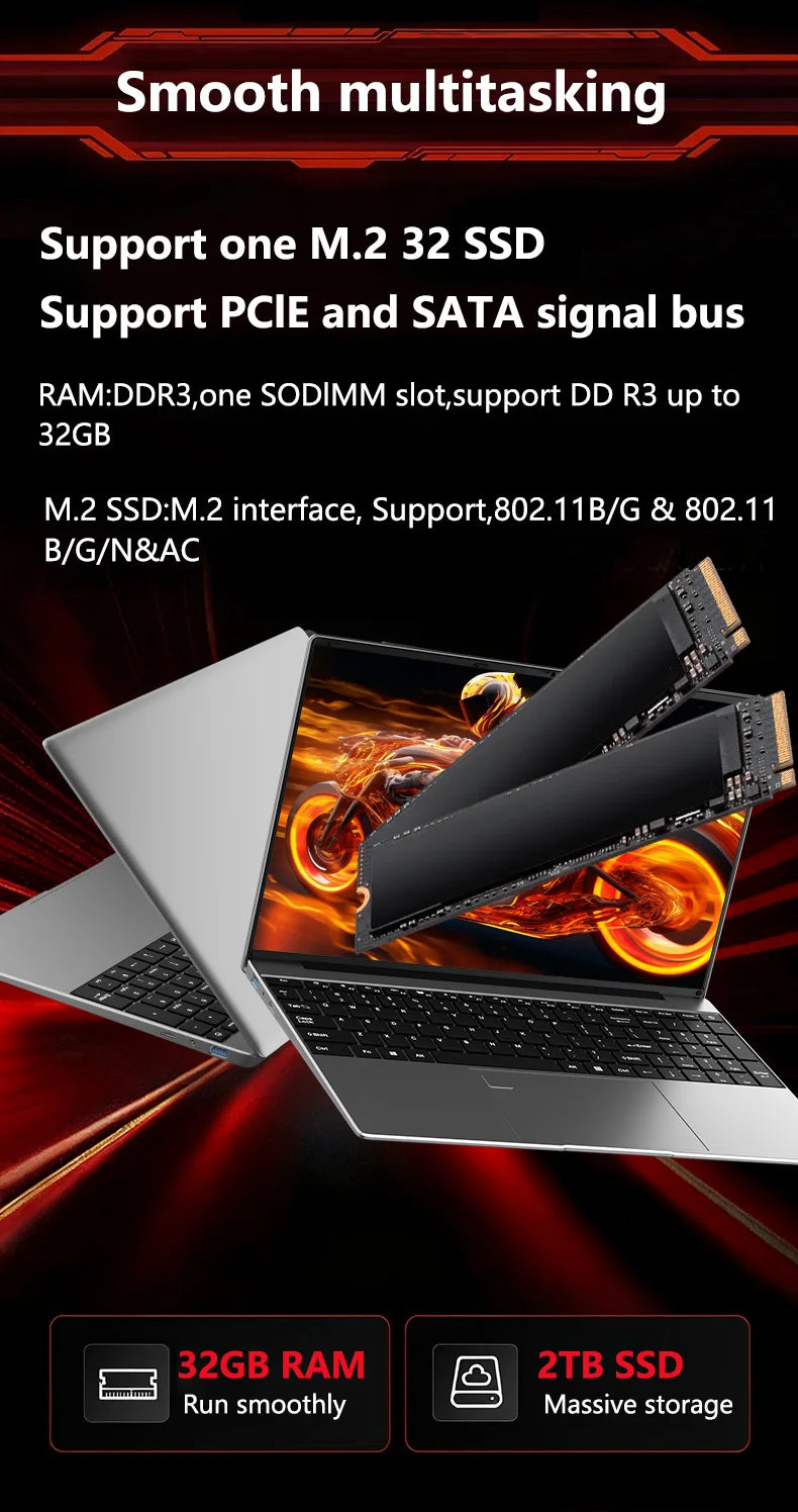 15.6" HOT Laptop 32GB DDR3 512GB 1TB 2TB SSD Windows11 Notebook Pc Gamer Intel 6500Y Office Computer with Backlit Fingerprint