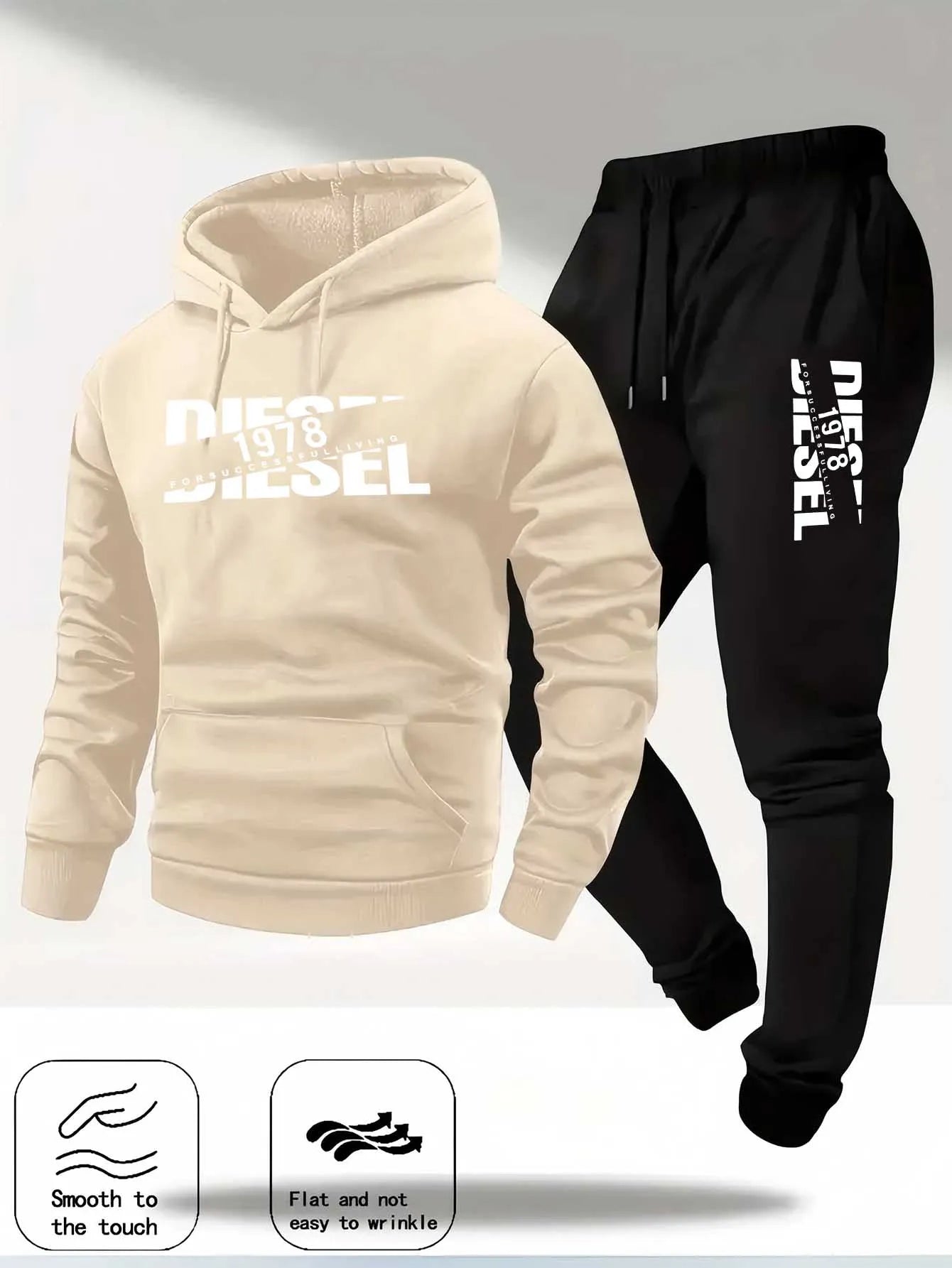 Men Fashion Print Tracksuit Hooded Sweatshirt+Sweatpants Set Autumn Winter Casual Fitness Jogging Sports Two-Piece Unisex Outfit