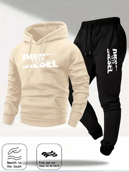 Men Fashion Print Tracksuit Hooded Sweatshirt+Sweatpants Set Autumn Winter Casual Fitness Jogging Sports Two-Piece Unisex Outfit