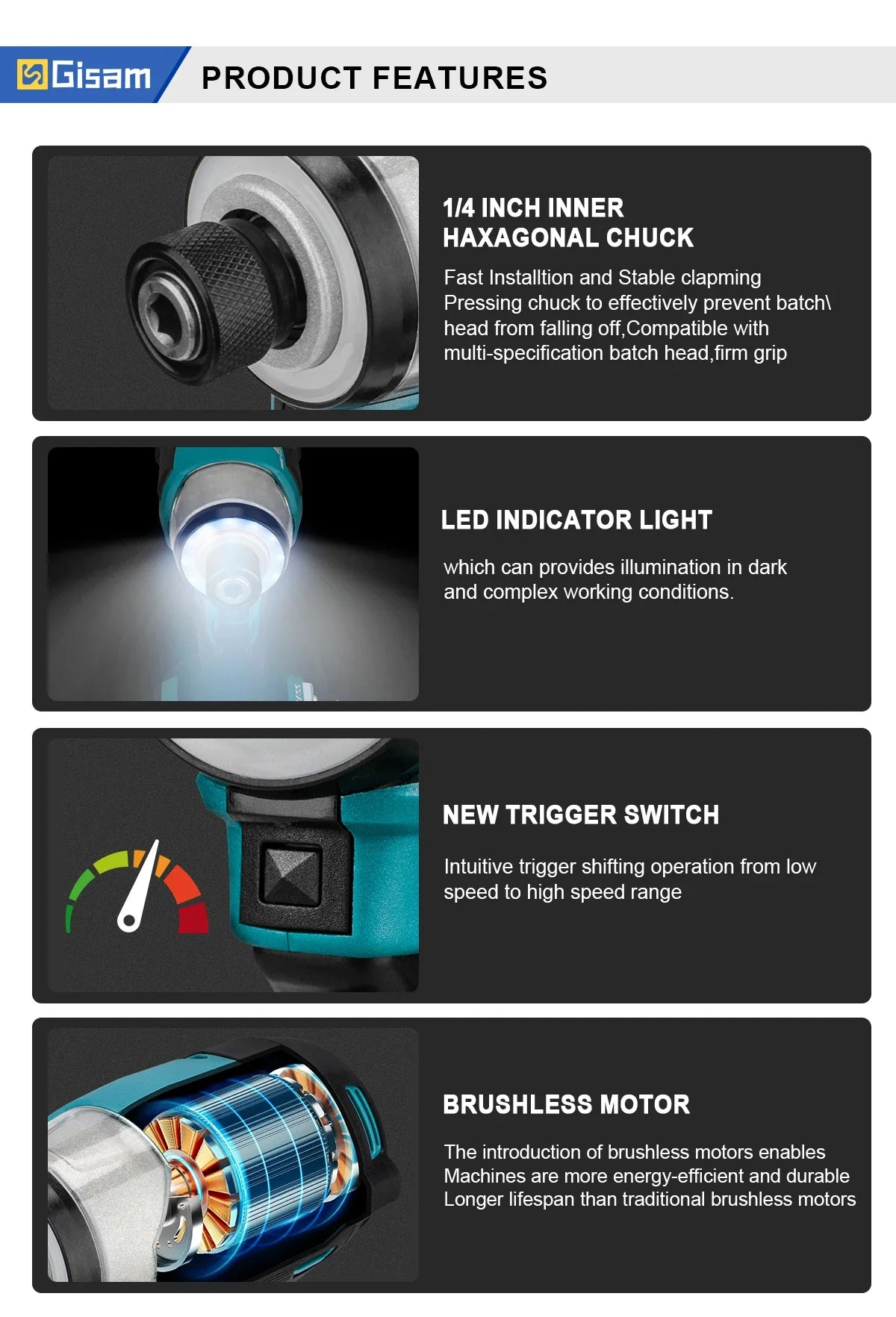 Gisam Cordless Electric Impact Screwdriver 688NM Power Tool Rechargeable Brushless Wrench Driver Kit for Makita 18V Battery Pins