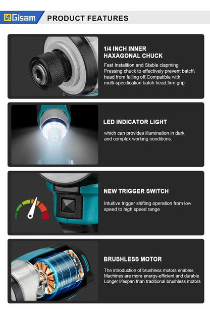 Gisam Cordless Electric Impact Screwdriver 688NM Power Tool Rechargeable Brushless Wrench Driver Kit for Makita 18V Battery Pins