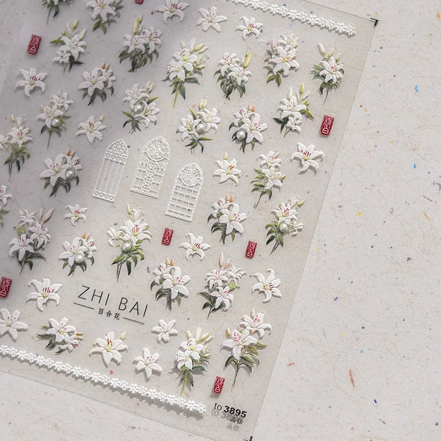 1Sheet 5D Soft Embossed Relief Nail Stickers Cute Daisies Self Adhesive Slider Stickers Press On Nails DIY Japanese Nail Art Dec