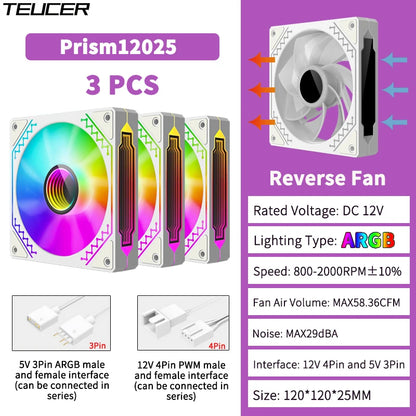 TEUCER Prism12025 PC Case Fan 120mm 5V 3Pin ARGB Cyclic Mirror Light Effect PWM 800 to 2000RPM Cooling Fan 3 Piece Set