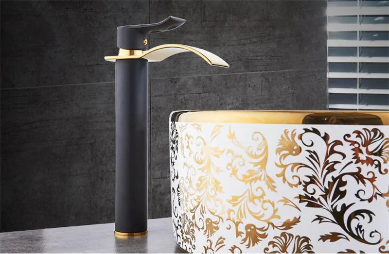 Basin Faucet Gold and White Waterfall Faucet Brass Bathroom Faucet Bathroom Basin Faucet Mixer Tap Hot and Cold Sink Faucet