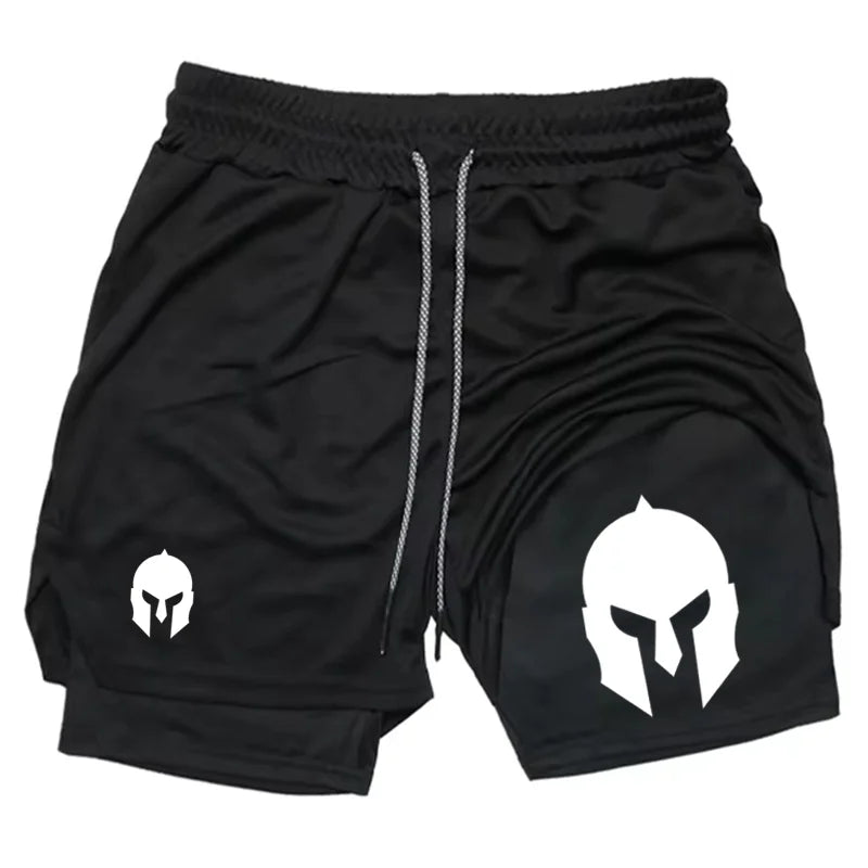 Men's Spartan Helmet Print Double Layer Gym Shorts, 2-in-1 Athletic Workout Running Casual Streetwear Short Pants WX099