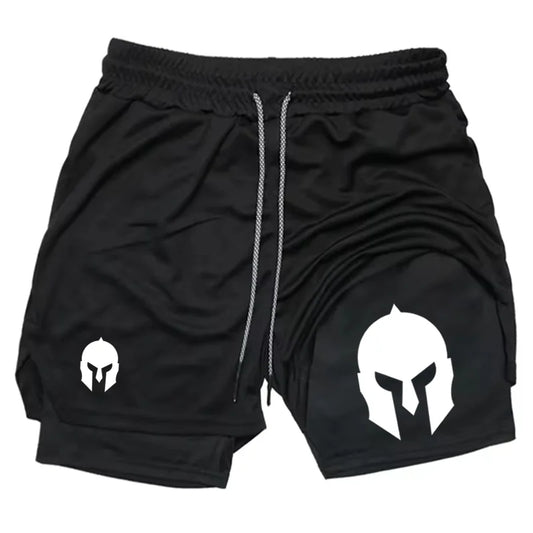Men's Spartan Helmet Print Double Layer Gym Shorts, 2-in-1 Athletic Workout Running Casual Streetwear Short Pants WX099