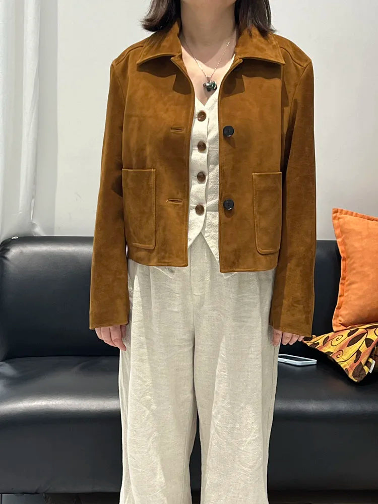 European Imported Kid Suede Leather Jacket for Woman High Grade Turn Down Collar Pocket Short Cropped Coat Long Sleeve Top Mujer