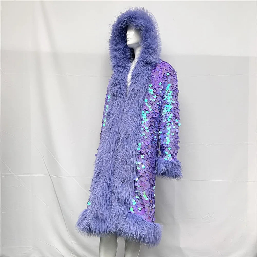 Patchwork Women Hooded Faux Fur Coat Fox Fur Long Sleeve Thick Warm Fur Outerwear Spliced Party Stage Loose Fit Sequined
