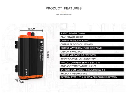 Current Converter for car FCHAO 3000W/3500W 48V V V V/230V 50Hz to pure slinusoidal wave with LCD and remote control screen for camper