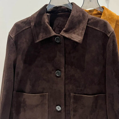 European Imported Kid Suede Leather Jacket for Woman High Grade Turn Down Collar Pocket Short Cropped Coat Long Sleeve Top Mujer