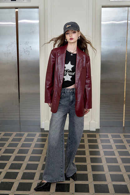 ELFSACK Women's Faux Leather Blazer Oversized Wine Red Long Sleeve Casual Office Wear Jacket Fashion Streetwear Coat