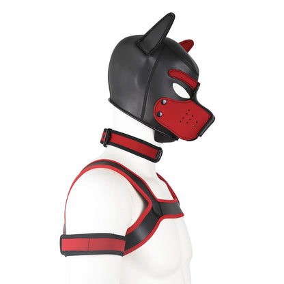 Large Size Puppy Cosplay Neoprene Fetish Hood Mask Kit with Chest Strap Collar Armband Sex Costumes for Bdsm Slave Role Play