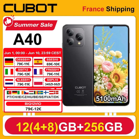 Cubot A40 Smartphone Android 15 12 GB(4 + 8 )+ 256 GB 6,88'' 120Hz 5100 mAh NFC/GPS Facial Recognition 4G Telephone Portable IPS
