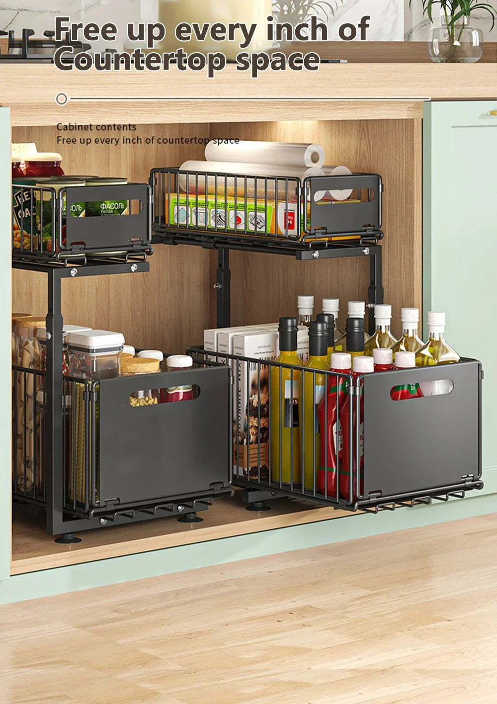 2 Tier Pull Out Cabinet Organizer Adjustable Under Sink Storage Rack Slide Out Drawer Kitchen Spice Jar Storage Shelf