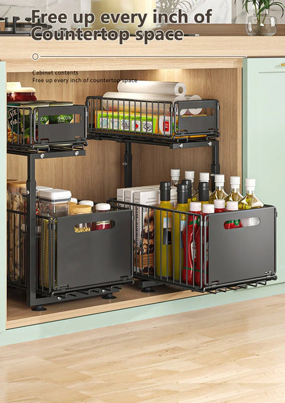 2 Tier Pull Out Cabinet Organizer Adjustable Under Sink Storage Rack Slide Out Drawer Kitchen Spice Jar Storage Shelf