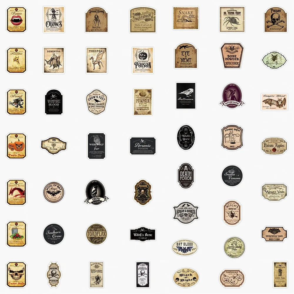 50pcs Halloween Bottle Labels Stickers Retro Horror Gothic Magic Potion Vintage Decals Suitcase Scrapbooking Laptop Toys