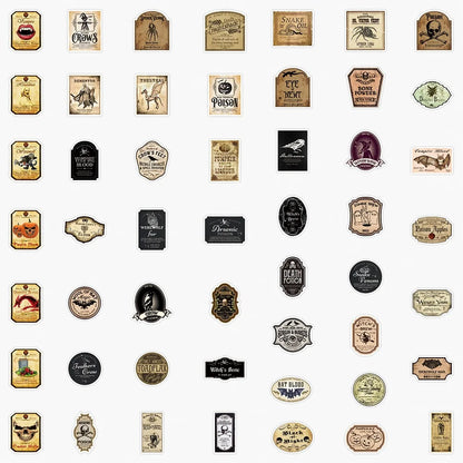 50pcs Halloween Bottle Labels Stickers Retro Horror Gothic Magic Potion Vintage Decals Suitcase Scrapbooking Laptop Toys