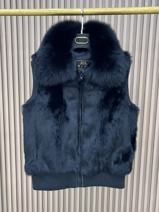 Women's Genuine Real Rabbit Fur Vest Coat Knitting Winter Fox Fur Collar Fur Jacket Casual Short Outwear Slim with Zipper