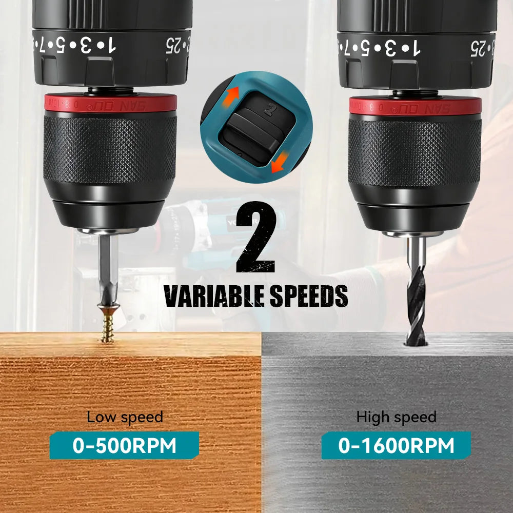 YOFIDRA  3 IN 1 25+3 Torque Electric Impact Drill Cordless Impact Drill Househeld Woodworking Power Tool for Makita Battery Pin