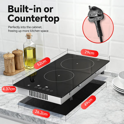 2-Zone Ceramic Hob, 3000W with Child Lock, 9 Heat Levels, 1-99min Timer, Black (CE Certified)