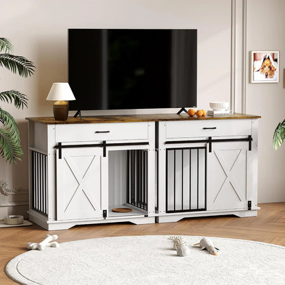Garvee Modern Farmhouse Wooden Dog Crate Furniture, Double Sliding Door Pet Kennel End Table with Two Storage Drawers, Indoor Decorative Dog Cage, Easy Assembly for Small & Medium Dogs