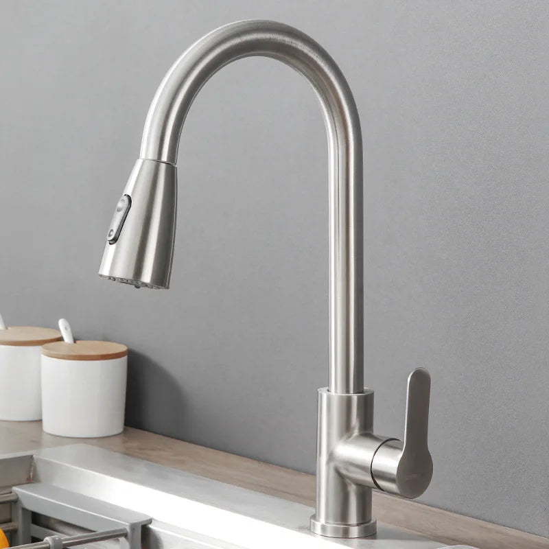 304 Stainless Steel Pull out Kitchen Faucet Deck Mounted Sink Water Tap with Mixer Stream Sprayer Head Hot Cold Taps for Kitchen