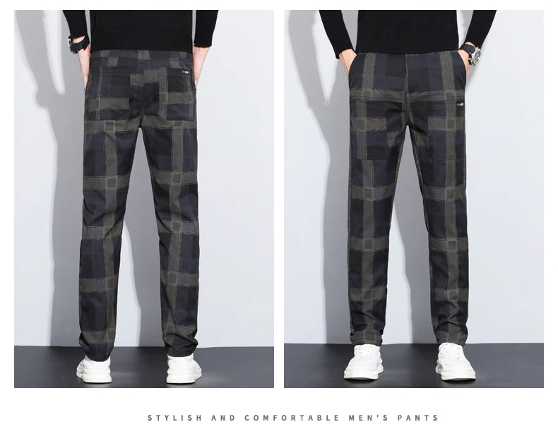 Autumn Winter Luxury Plaid Check Pattern Casual Pants Men Thick Business Elastic Waist Slim Fit Korean Pocket Long Trousers Male