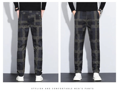 Autumn Winter Luxury Plaid Check Pattern Casual Pants Men Thick Business Elastic Waist Slim Fit Korean Pocket Long Trousers Male