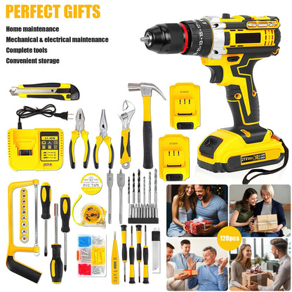 120 piece power tool kit with 21V cordless drill 3/8-inch keyless chuck 25+3 impact clutch maximum torque 45Nm tool kit