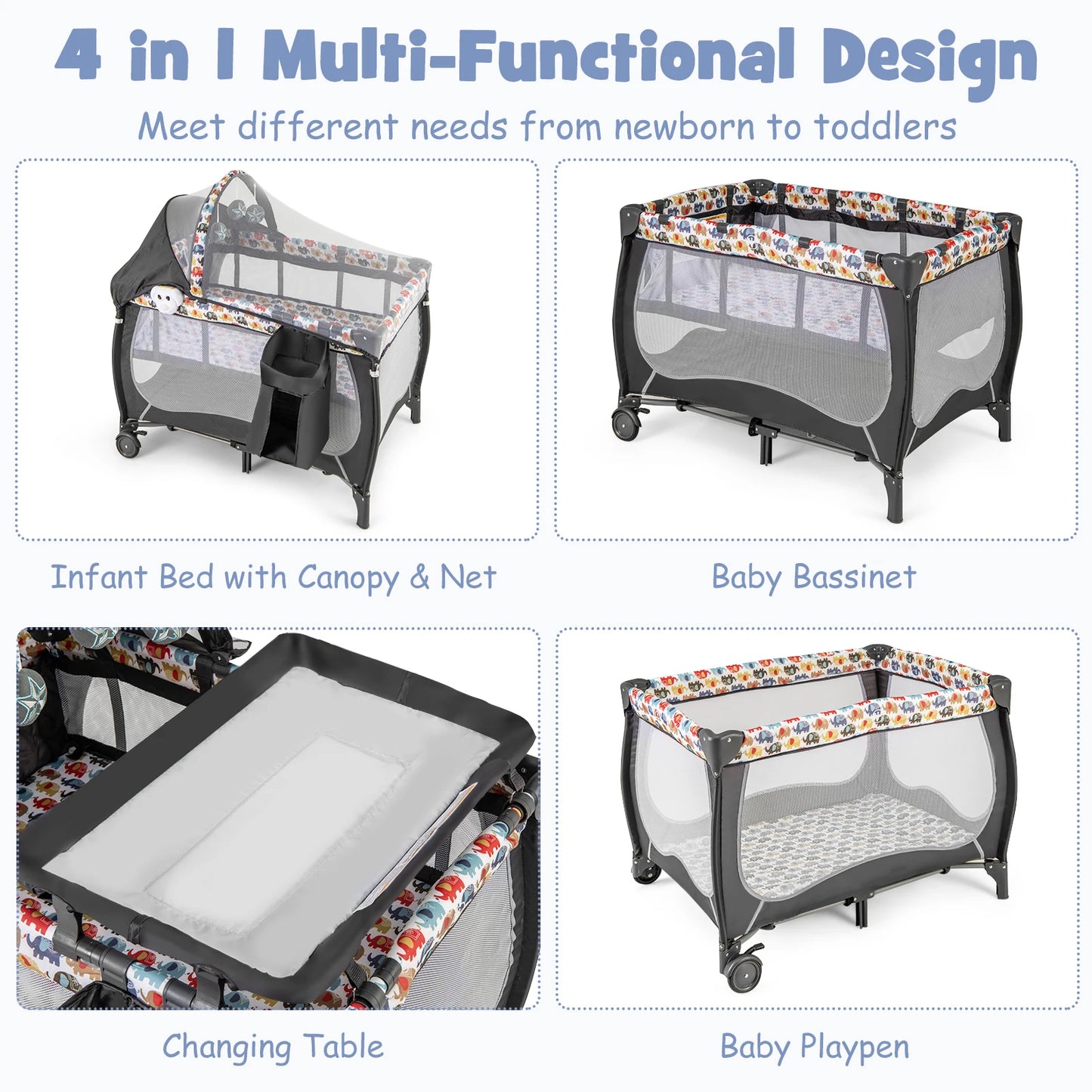 4-in-1 Baby Cot, Portable Cot Travel Cot with Foldable Mattress, Changing Table, Canopy, Play Arch & Music Box