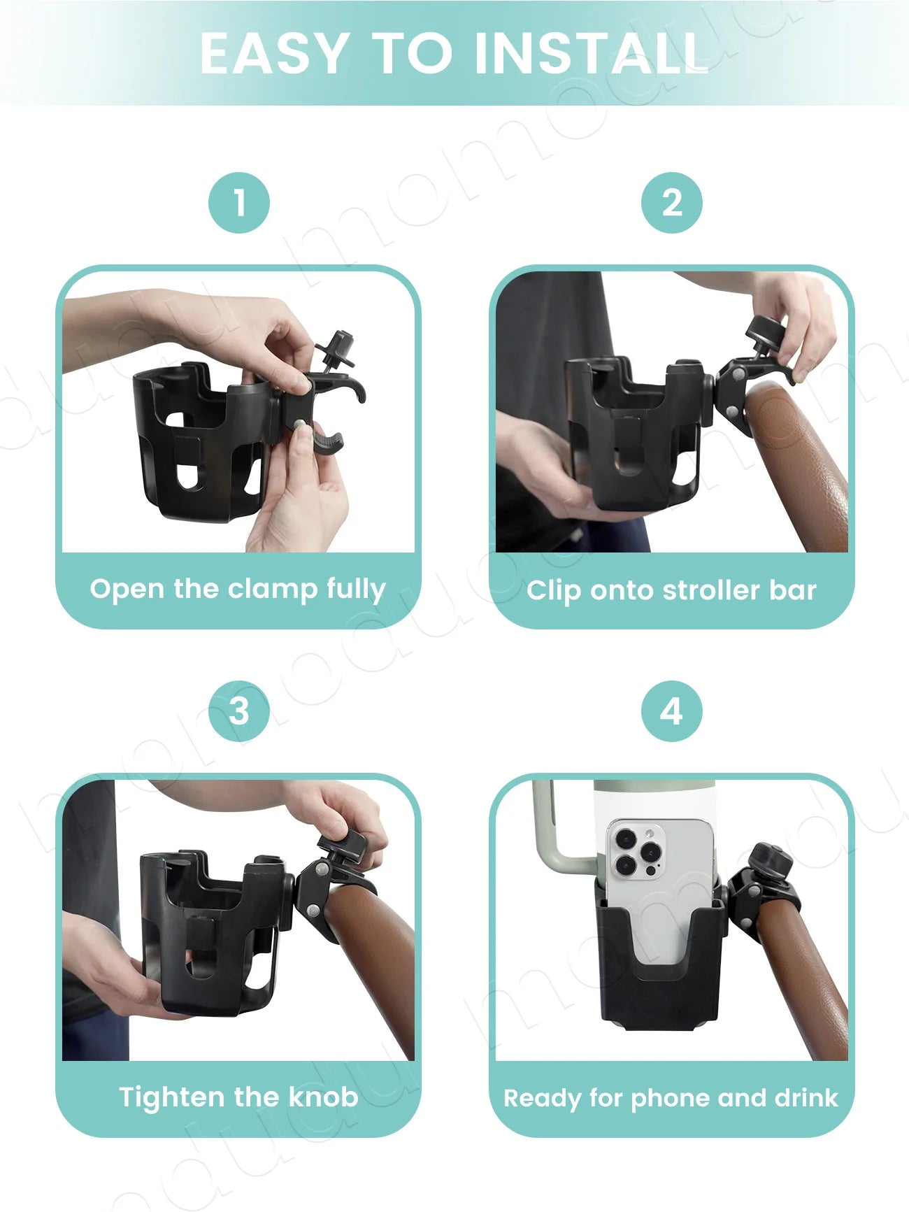 2-in-1 Large-Size Universal Stroller Cup Holder with Phone Holder - 360° Rotatable Adjustable Clamp, Detachable Stand