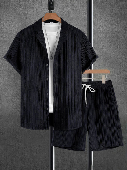 Men's Sophisticated Pleated Set Khaki Textured Cuban Collar Shirt & Elastic Waist Shorts 2 Piece Commute Outfit