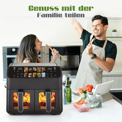 Sinaopus 9L Dual Basket Air Fryer – Oilless Cooker with LED Touch Control & Visible Window, 10-in-1 Multifunction, Family Smart Air Fryer Oven for Home