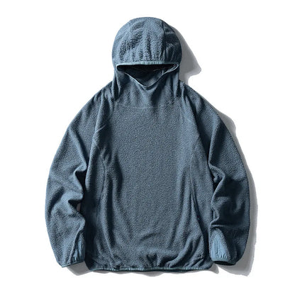 Unisex Lightweight Cloud Velvet Hooded Quick-Dry Shirt for Outdoor Sports: Classic Hood, Elastic Cuffs & Brand Logo Details