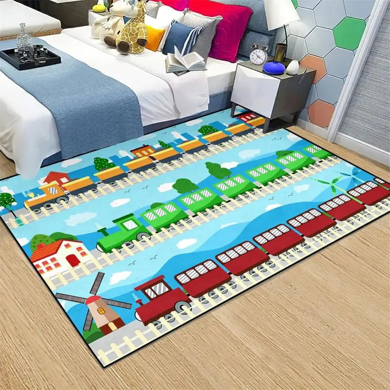 Construction Car Print Area Rug Washable Carpets for Kids Bedroom Living Room Kitchen Entrance Mat Non Slip Flannel Mats