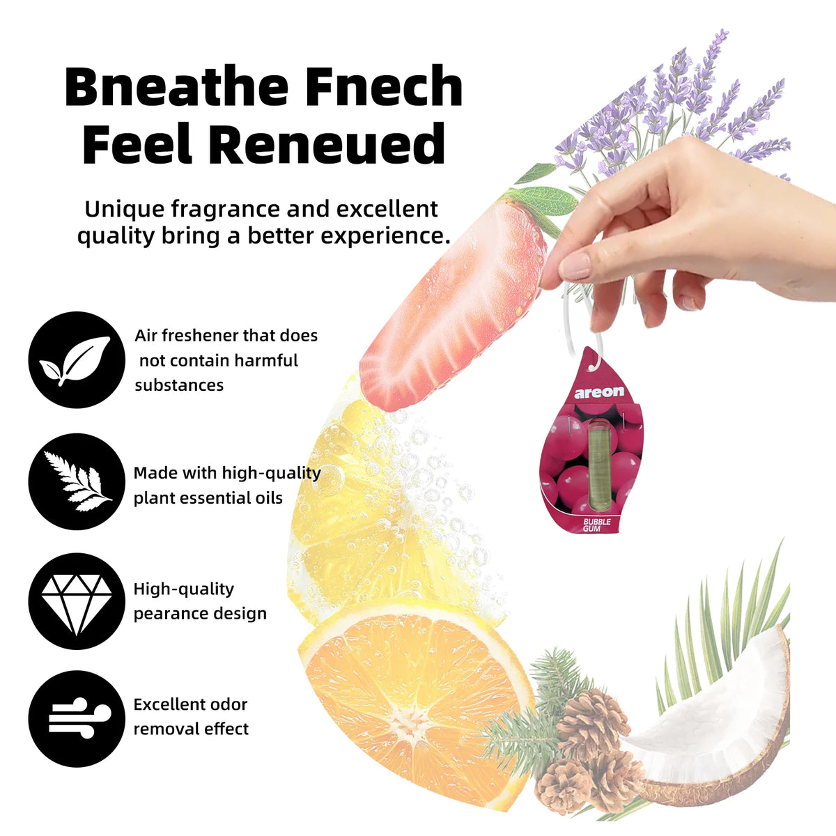 Areon 5/20pcs BUBBLE GUM Scent Car Air Freshener, Natural Tea-Scented Paper, Car-Mounted Hanging Type, Car Interior Accessories