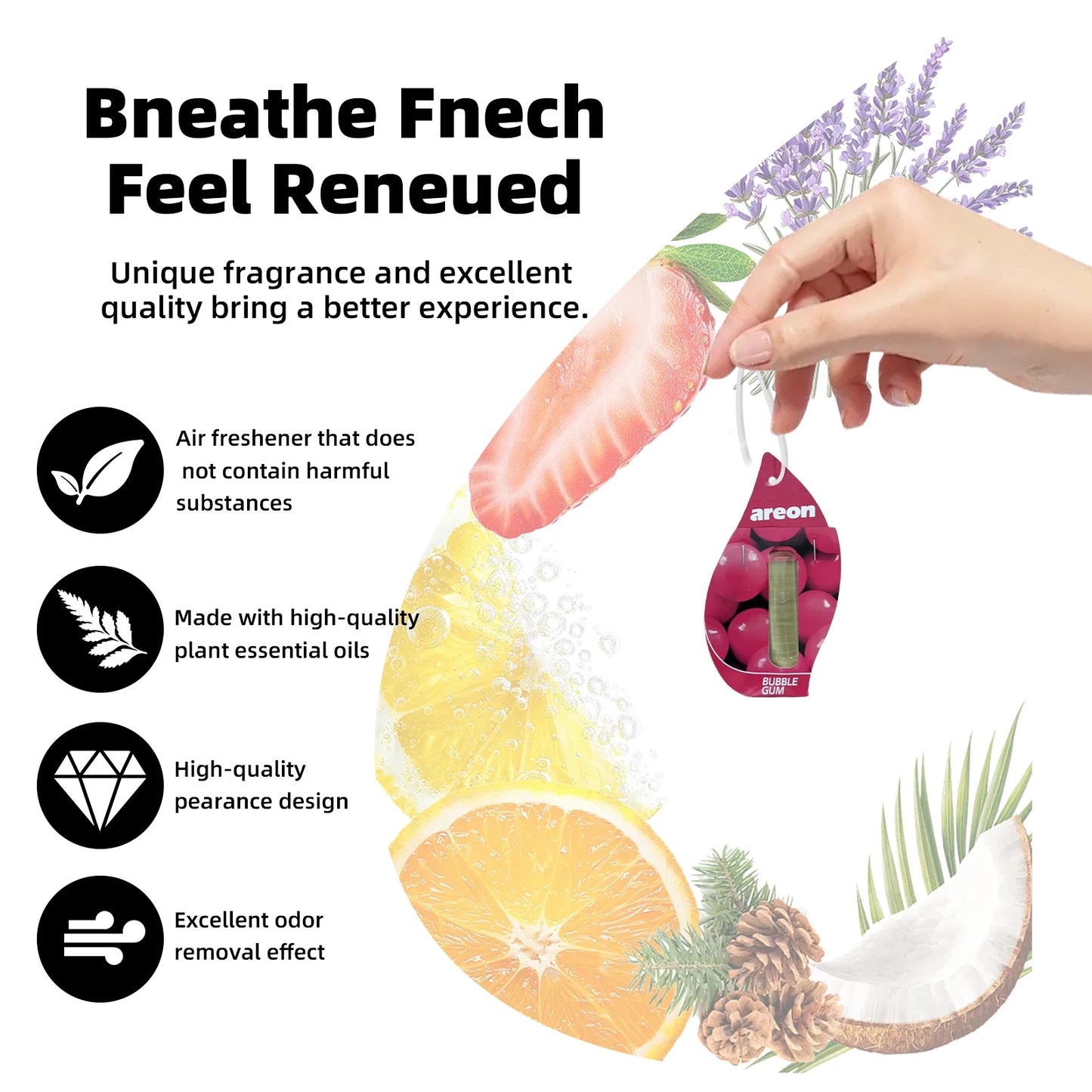 Areon 5/20pcs BUBBLE GUM Scent Car Air Freshener, Natural Tea-Scented Paper, Car-Mounted Hanging Type, Car Interior Accessories