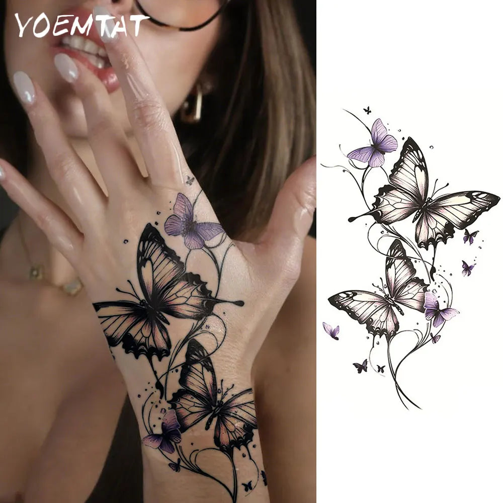 Waterproof Temporary Tattoo Sticker  Butterfly Flower Line Pattern Body Art Arm Fake Tattoos Sleeve For Women Men Hands Shoulder