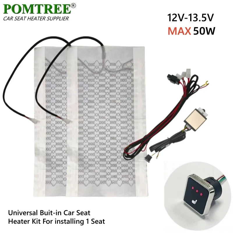 12V 50W Universal Built-in Car Seat Heater Kit Fit 1 Seat,2pcs Carbon Fiber heating Pads Single Control Switch with Harness