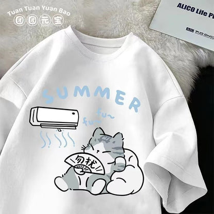 M-8XL Summer Men Oversize T-shirt Korean Casual Loose Style Kitten Blowing Fan Print T-shirt Suitable for Both Men Women