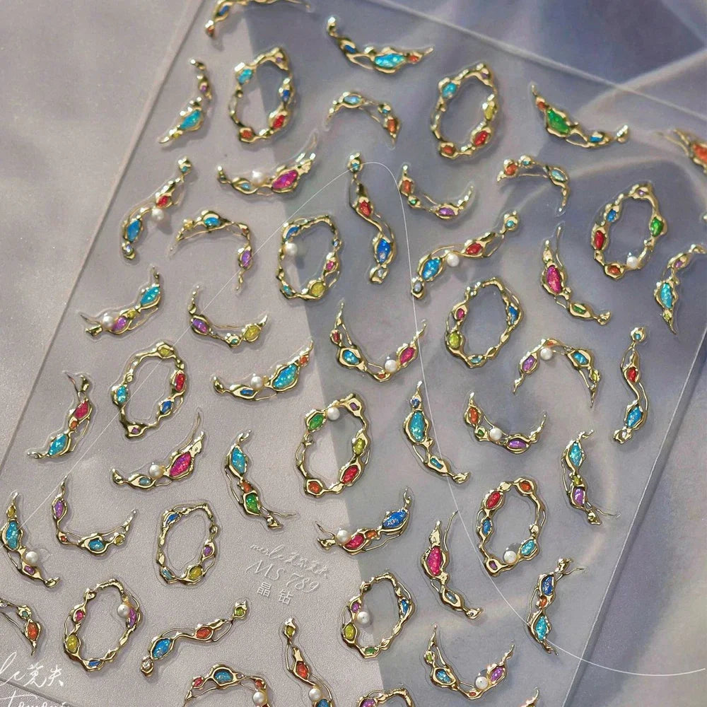 Bohemian Pattern Colorful Love Heart Moon Pearl Crystal Rhinestone 5D Nail Art Sticker Self Adhesive Decoration Manicure Decal