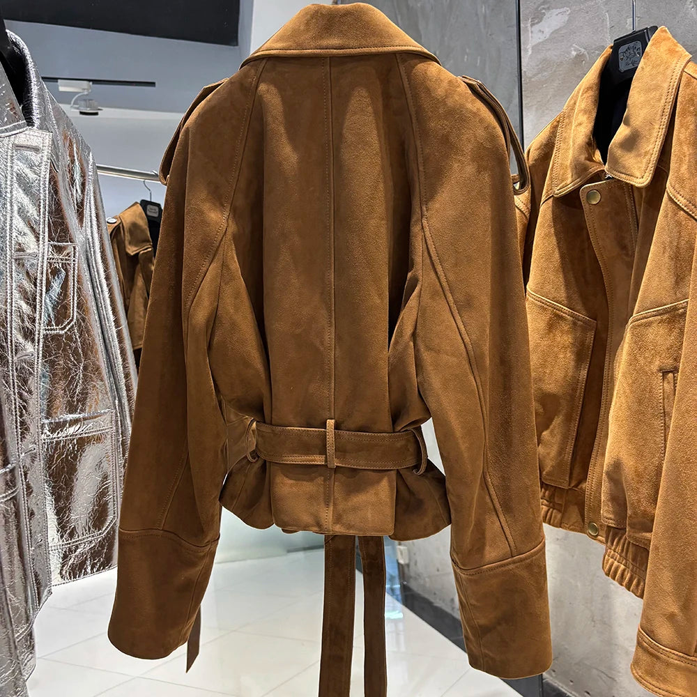 YOLOAgain Vintage Grain Leather Jacket Women Real Leather Sheepskin Jacket With Belt