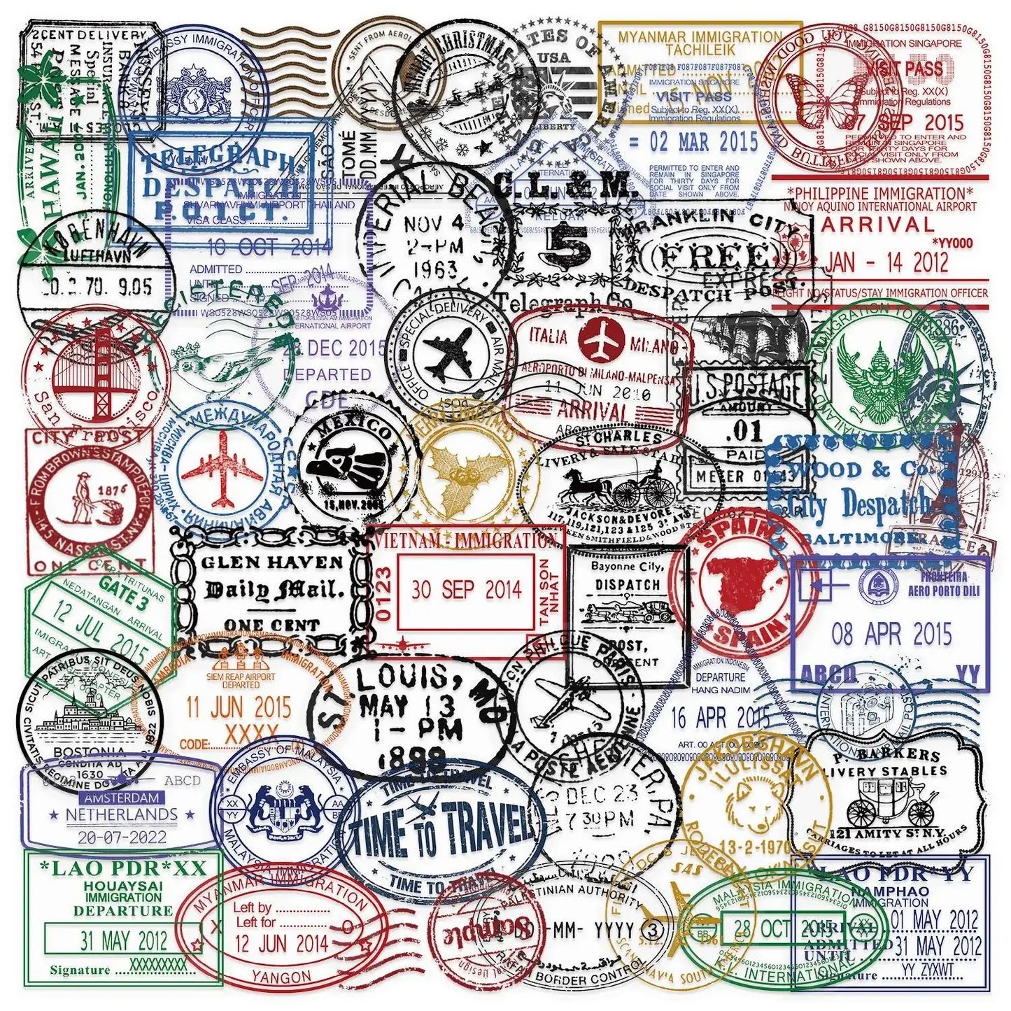 60PCS Vintage Passport Stamps Transparent Stickers Travel Decals For Phone Notebook Luggage Skateboard Guitar DIY Sticker Toy